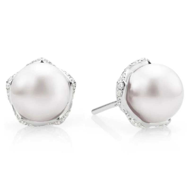 Women’s custom-designed engagement ring-Akoya Cultured Pearl Earstuds with Diamonds