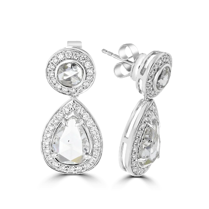 Women’s oval stud earrings-JULEVE 18KT ROSE CUT DIAMOND PEAR SHAPE HALO DROP EARRINGS