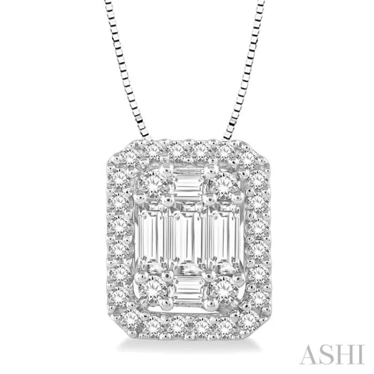 Women’s custom name necklace-1/2 Ctw Octagonal Baguette & Round Cut Diamond Pendant With Box Chain in 14K White Gold