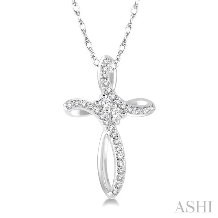 Women’s statement pendant necklace-1/5 Ctw Rolled Back Cross Charm 2Stone Round Cut Diamond Pendant With Link Chain in 14K White Gold