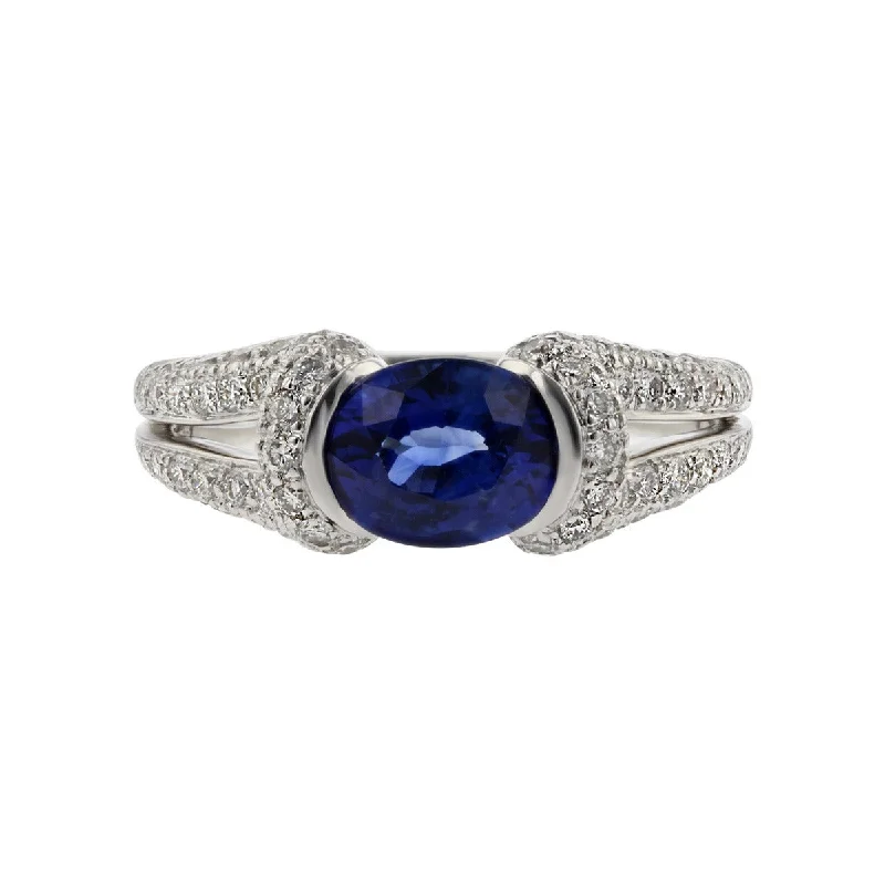 Women’s unique three-stone engagement ring-18K White Gold Sapphire and Diamond Split Shank Ring