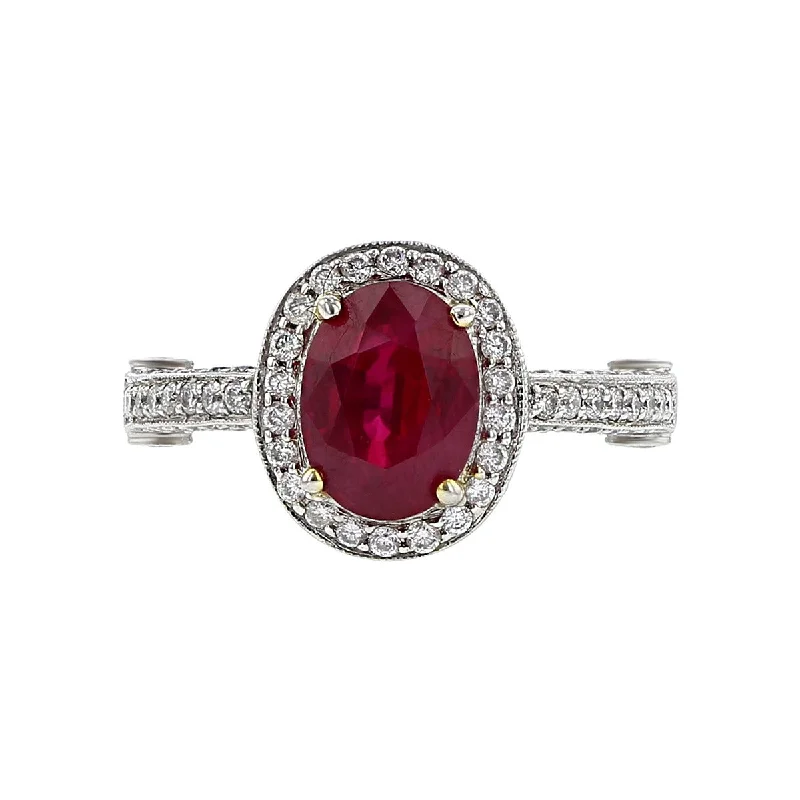 Women’s diamond solitaire engagement ring-18K White Gold Ruby and Diamond Halo Ring