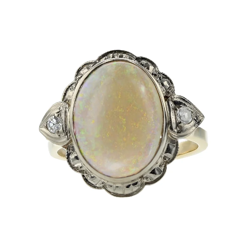 Women’s gemstone engagement ring-Cabochon Opal and Diamond Two Tone Gold Ring