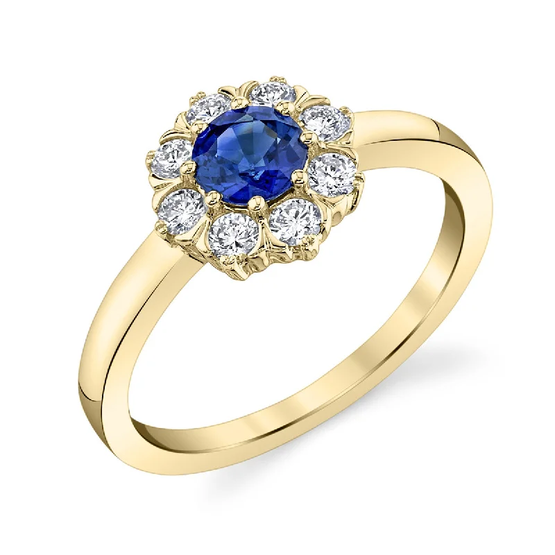 Women’s diamond solitaire engagement ring-Blue Sapphire 14k Yellow Gold Ring with Diamonds