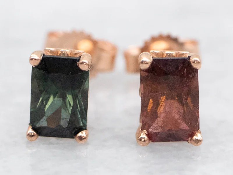 Women’s colored gemstone earrings-Mismatched Green and Pink Tourmaline Stud Earrings