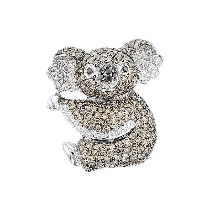 Women’s handmade engagement ring-Brown and White Diamond Koala 18K White Gold Pin