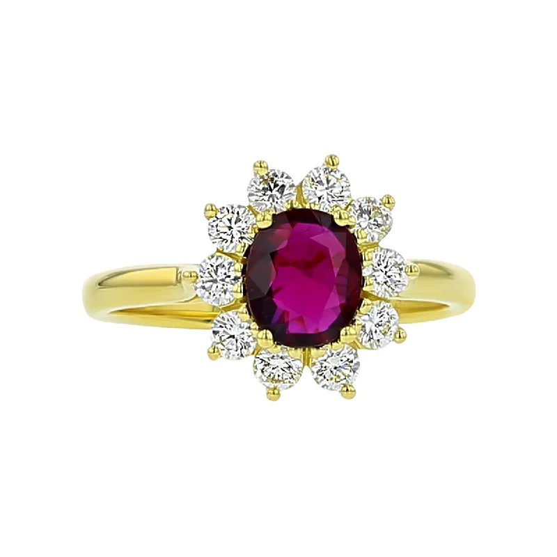 Women’s eternity diamond engagement ring-18K Yellow Gold Ruby and Diamond Halo Ring