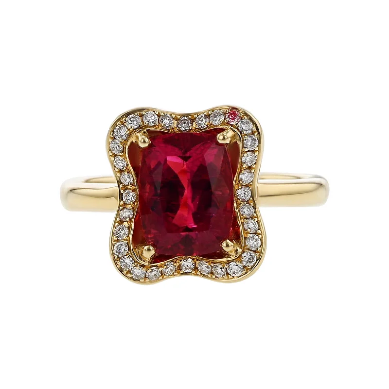 Women’s elegant solitaire engagement ring-14K Yellow Gold Rubellite and Diamond Halo Ring