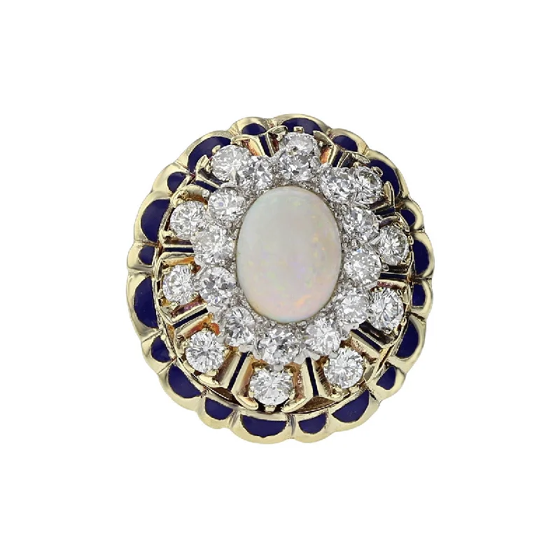 Women’s diamond-studded halo engagement ring-14K Yellow Gold White Opal and Diamond Halo Ring