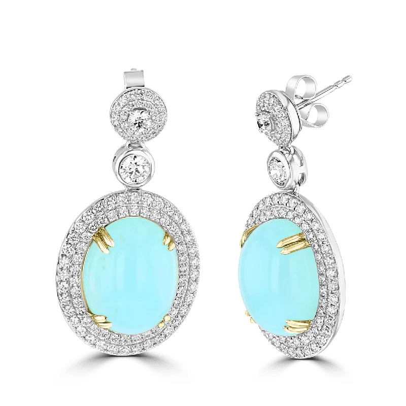 Women’s butterfly earrings-JULEVE 18KT GOLD BLUE OPAL & DIAMOND OVAL HALO DROP EARRINGS