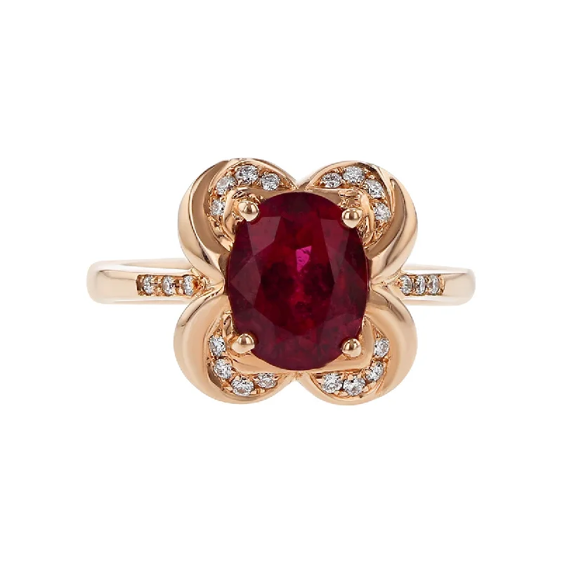 Women’s simple gold engagement ring-14K Rose Gold Oval Rubellite and Diamond Halo Ring