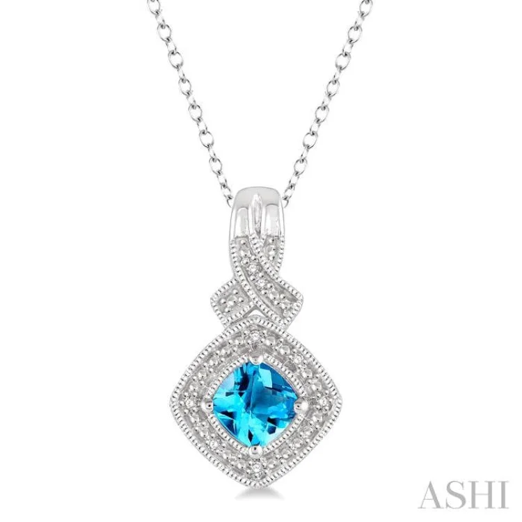 Women’s heart-shaped necklace-1/50 Ctw Cushion Cut 5x5mm Blue Topaz & Round Cut Diamond Sterling Silver Pendant With Cable Chain