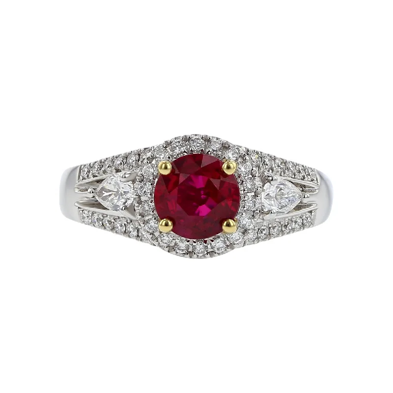 Women’s twisted engagement ring-Burma Pigeon Blood Red Ruby and Diamond Halo Ring