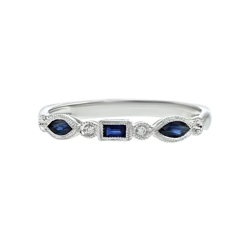 Women’s vintage-inspired engagement ring-14K White Gold Sapphire and Diamond Band