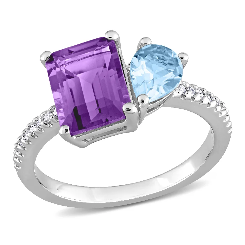 Women’s luxury gemstone ring-Miadora 3 1/10ct TGW Sky Blue Topaz and Amethyst with 1/10ct TDW Diamond 2-Stone Toi et Moi Ring in Sterling Silver