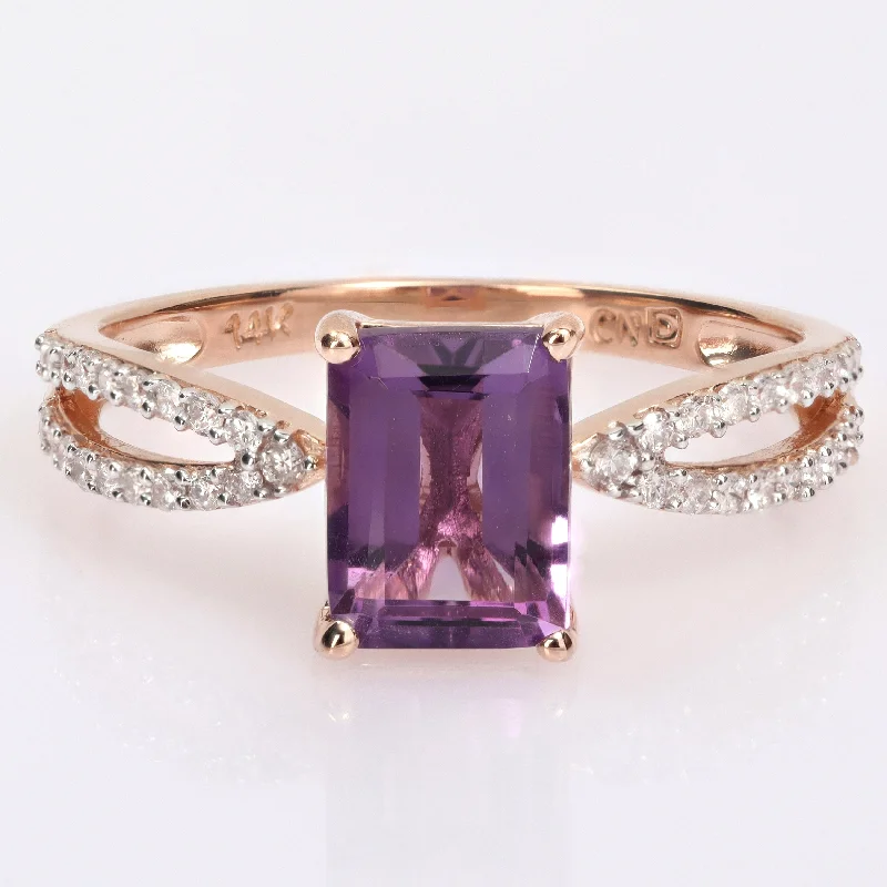 Women’s cluster diamond ring-Miadora Octagon-cut Amethyst and 1/5ct TDW Diamond Split Shank Cocktail Ring in 14k Rose Gold