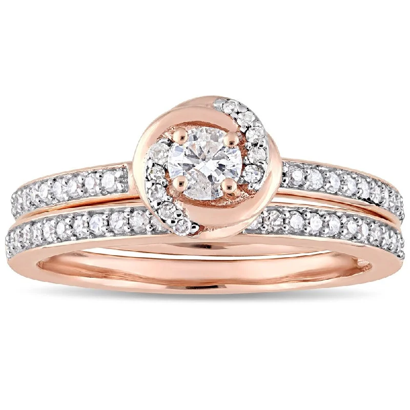 Women’s elegant engagement ring-Miadora 10k Rose Gold 1/2ct TDW Diamond Swirl Halo Bridal Ring Set