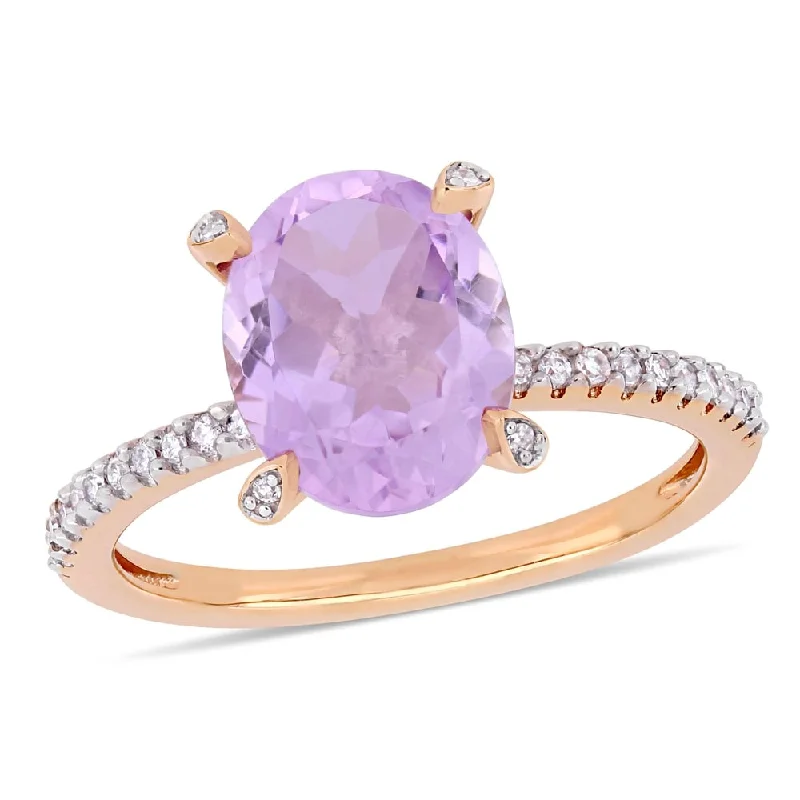 Women’s birthstone ring-Miadora 10k Rose Gold Oval-Cut Rose De France and 1/10ct TDW Diamond Solitaire Ring