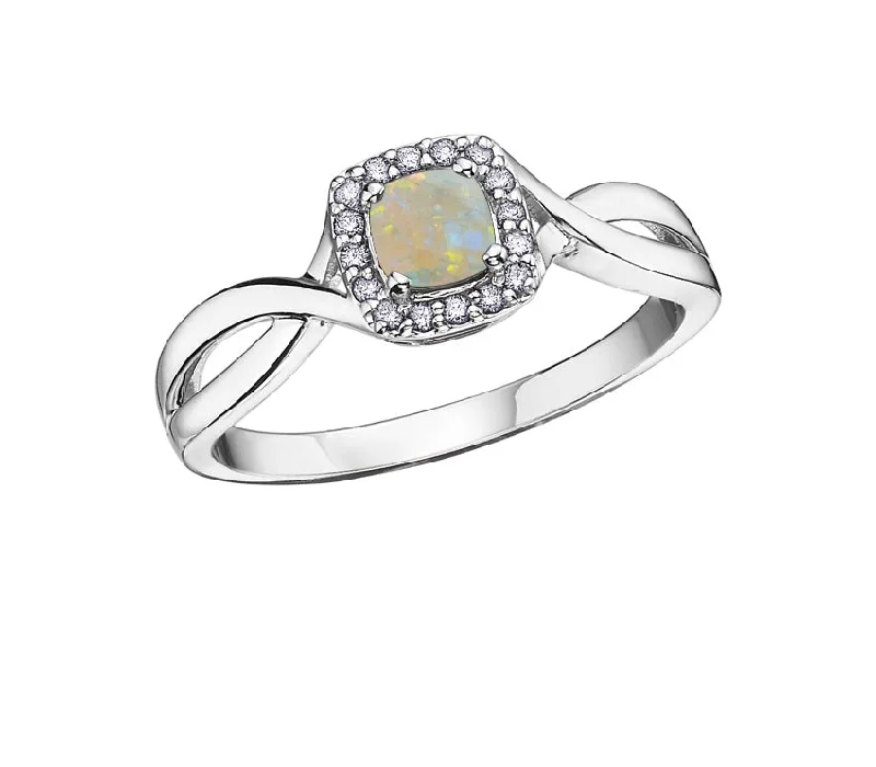 Women’s custom design engagement ring-10kt White Gold Square Diamond Halo Opal Ring