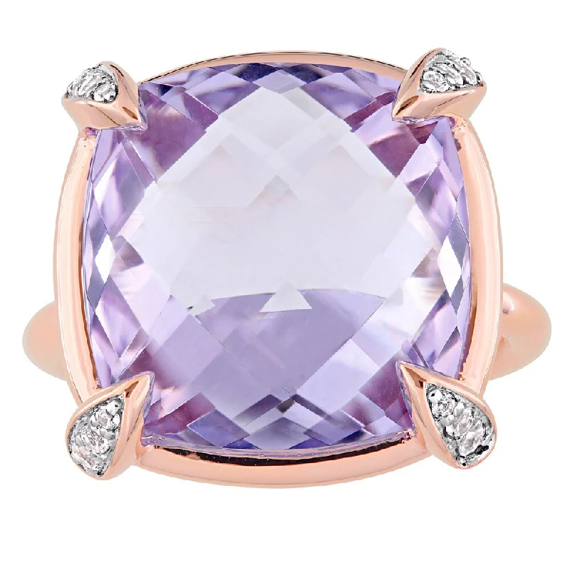 Women’s three-stone ring-Miadora Signature Collection 14k Rose Gold Cushion-cut Double Checkerboard Rose de France White Sapphire Cocktail Ring - Purple