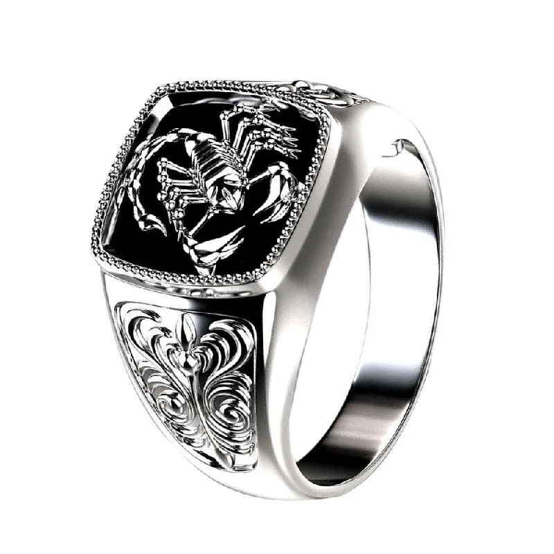 Women’s custom ring-Men Scorpion Engraved Alloy Wide Finger Ring Birthday Club Party Jewelry Gift - Silver