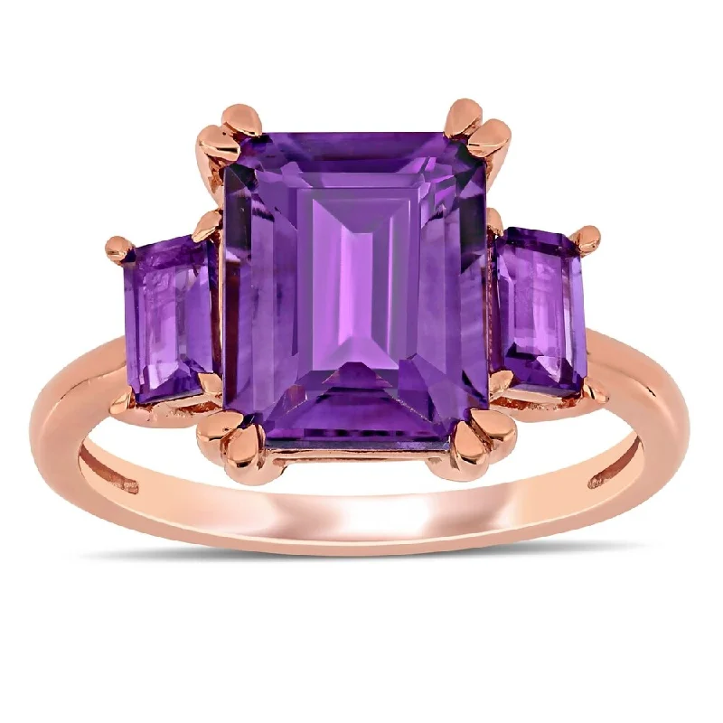 Women’s fashion ring-Miadora 14k Rose Gold Octagon-Cut Amethyst and African-Amethyst 3-Stone Ring