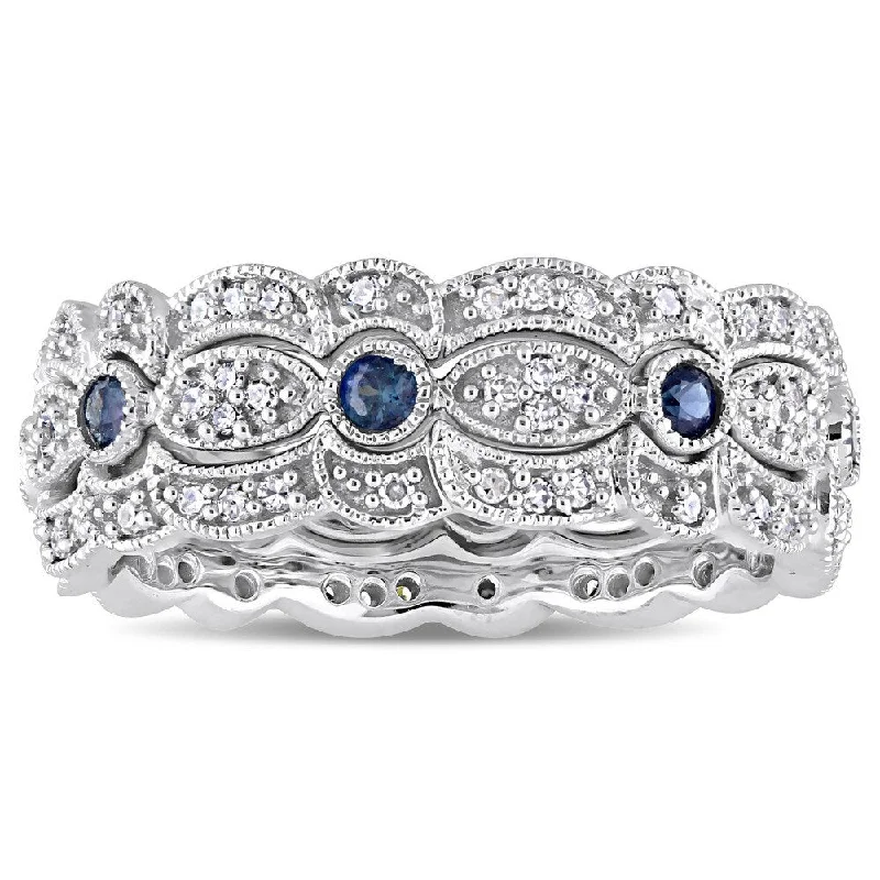 Women’s sterling silver wedding band-Miadora Signature Collection 14k White Gold Sapphire and 2/5ct TDW Diamond Milgrain Filigree 3-Piece Stacking Ring Set - Blue