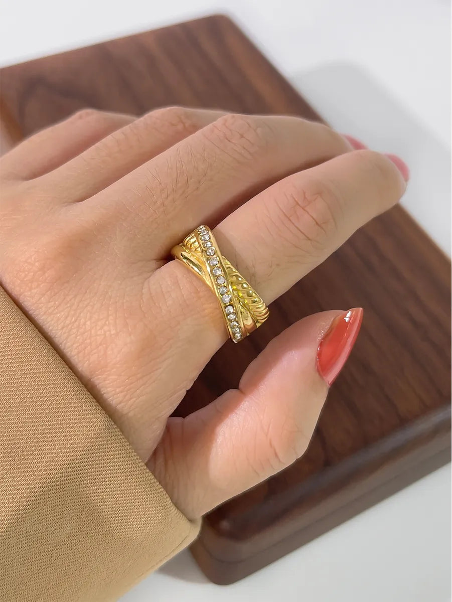 Women’s classic solitaire ring-Vintage Style Simple Style Solid Color Stainless Steel Plating Inlay Rhinestones 18k Gold Plated Rings