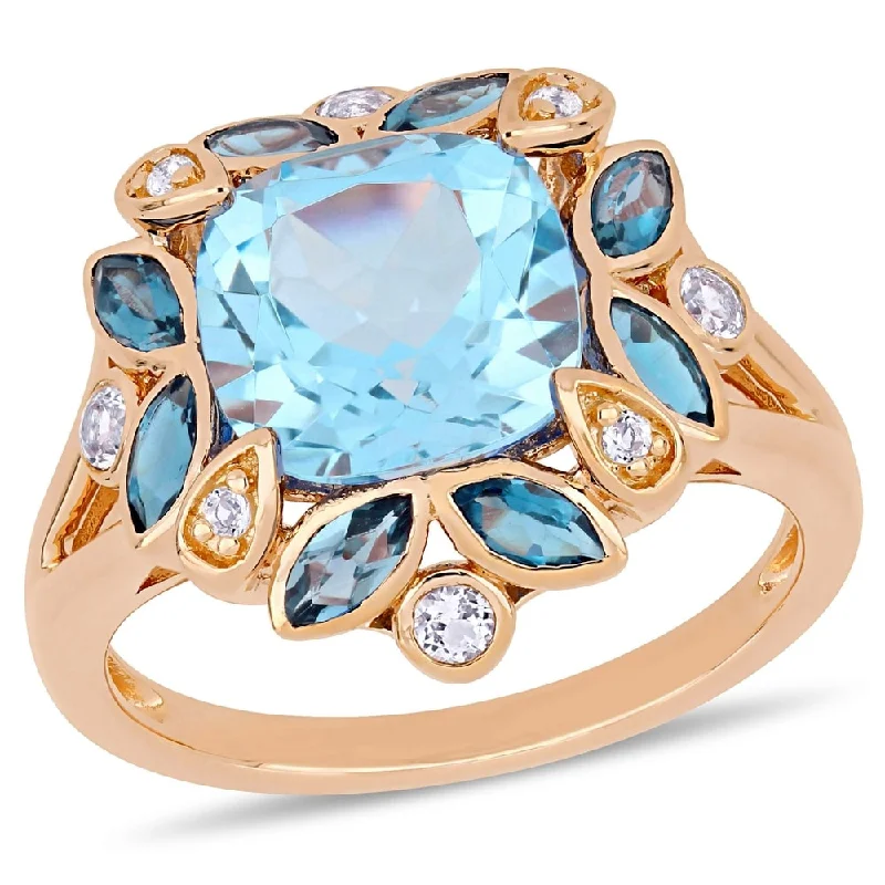 Women’s silver gemstone ring-Miadora Rose Plated Sterling Silver Sky & London Blue Topaz with White Topaz Floral Halo Ring