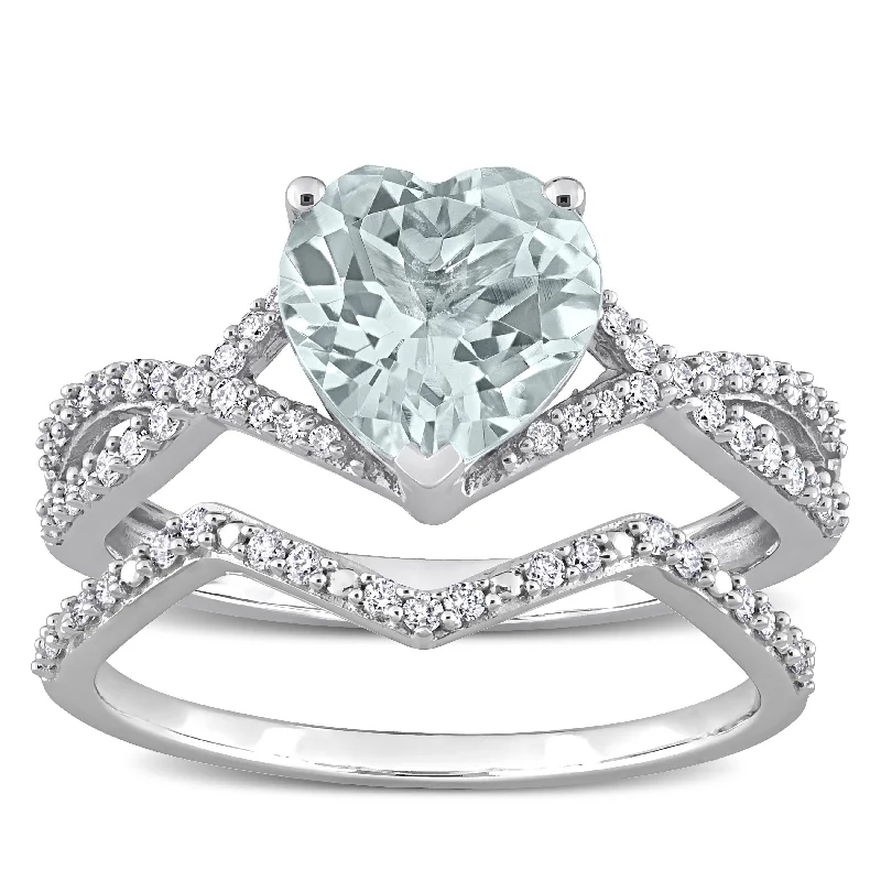 Women’s adjustable silver ring-Miadora Heart-cut Aquamarine and 1/3ct TDW Diamond Crossover Bridal Ring Set in 14k White Gold