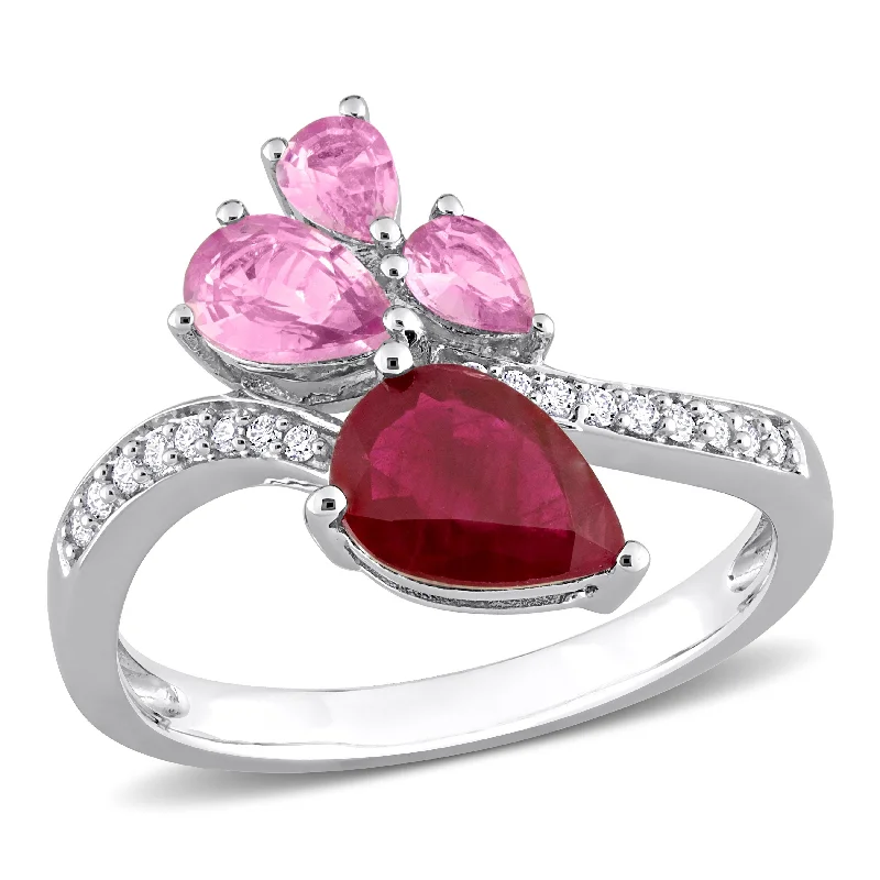 Women’s sapphire solitaire ring-Miadora 2 1/5ct TGW Pear Cut Ruby and Pink Sapphire and 1/10ct TW Diamond Ring in 14K White Gold