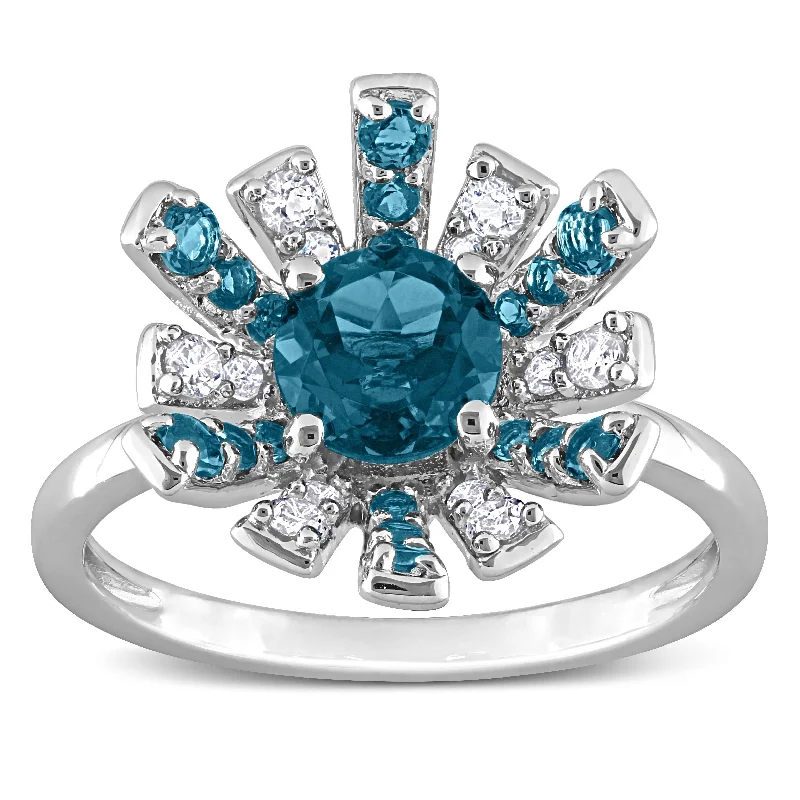 Women’s custom ring-Miadora London Blue Topaz and White Topaz Floral Cluster Ring in Sterling Silver