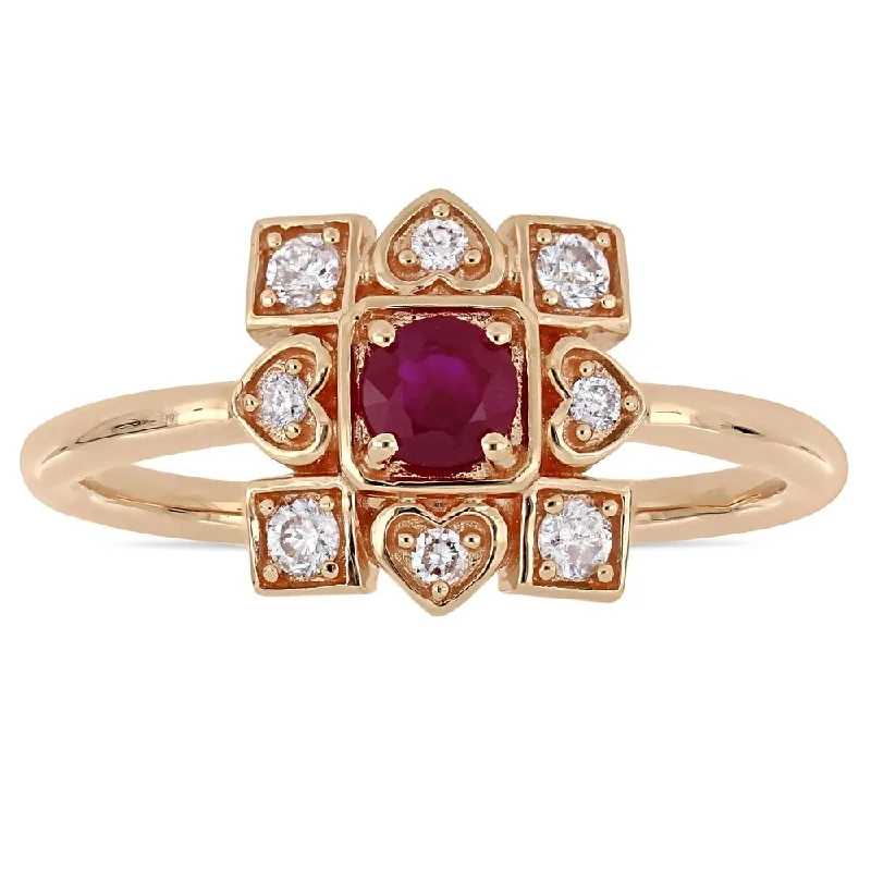 Women’s simple ring-Miadora Signature Collection 10k Rose Gold Ruby and 1/5ct TDW Diamond Clustered Square Halo Artisanal Ring