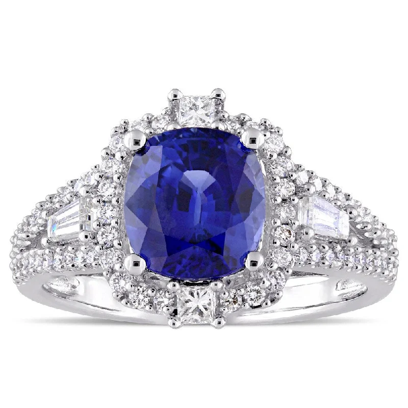 Women’s gold wedding band-Miadora Signature Collection 14k White Gold Blue Sapphire and 3/4ct TDW Diamond Vintage Halo Ring