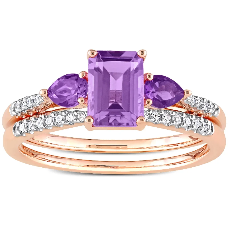 Women’s geometric ring-Miadora 10k Rose Gold Rose de France African Amethyst & 1/10ct TDW Diamond 3-Stone Bridal Ring Set