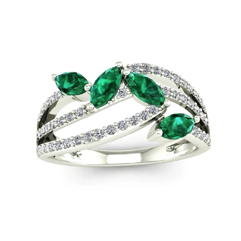 Women’s gemstone cocktail ring-10kt White Gold Marquise Emerald And 0.20cttw Diamond Nature Inspired Ring