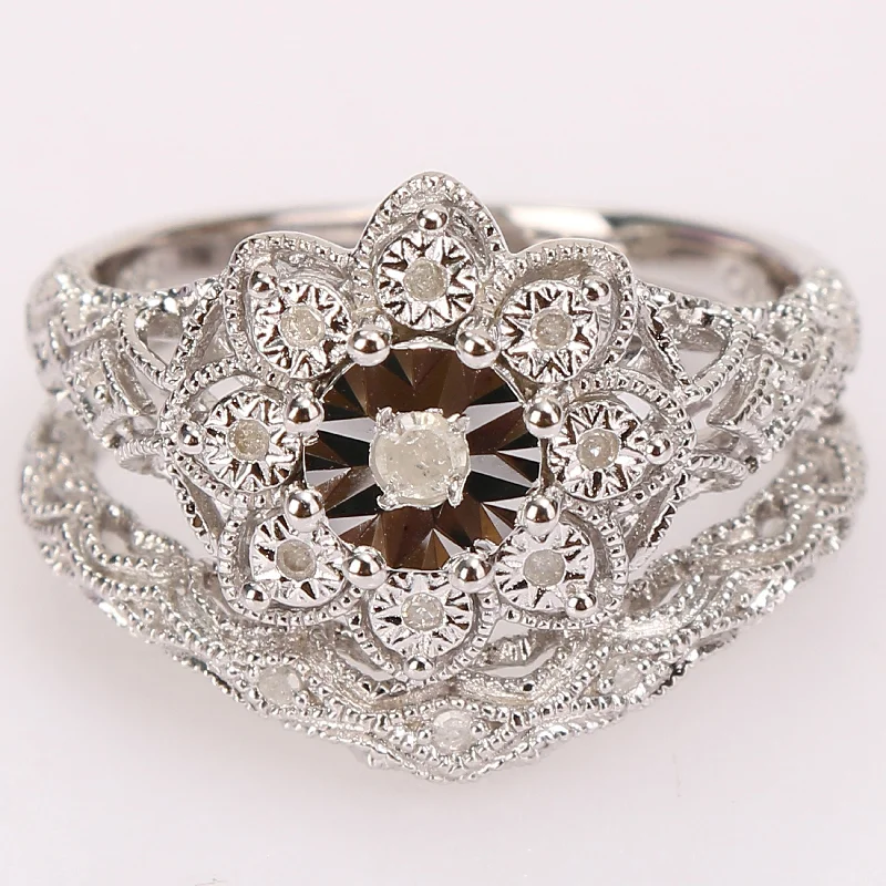 Women’s designer ring-Miadora Sterling Silver 1/10ct TDW Diamond Floral Vintage Bridal Ring Set