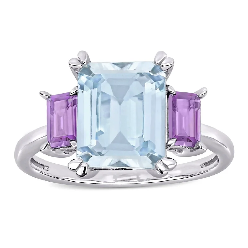 Women’s elegant engagement ring-Miadora Sterling Silver Octagon-Cut Ice Aquamarine and Rose de France 3-Stone Ring