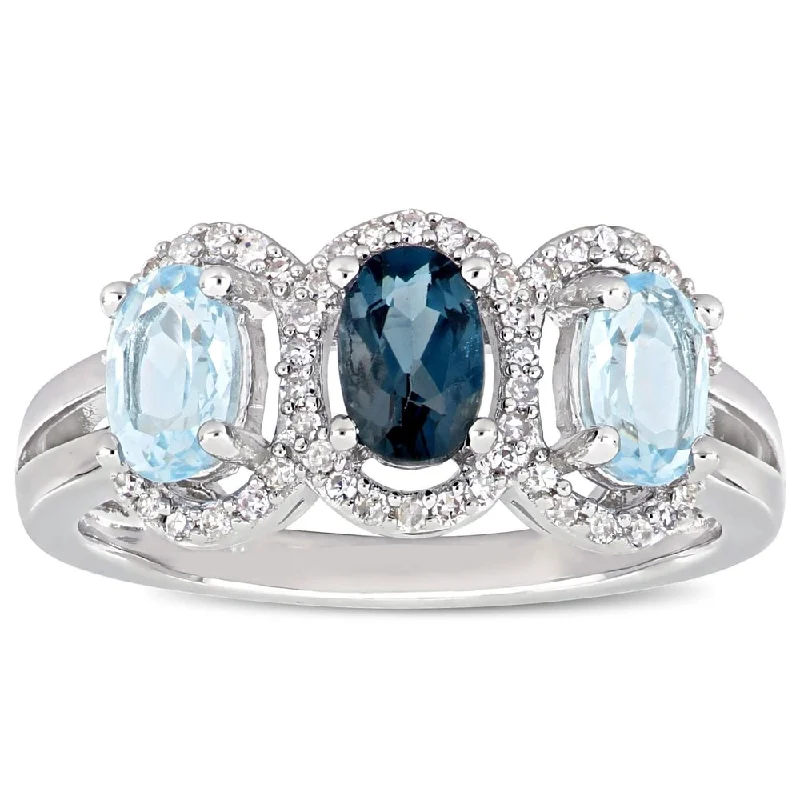 Women’s wedding ring-Miadora Sterling Silver London and Sky-Blue Topaz with 1/5ct TDW Diamond 3-Stone Halo Ring