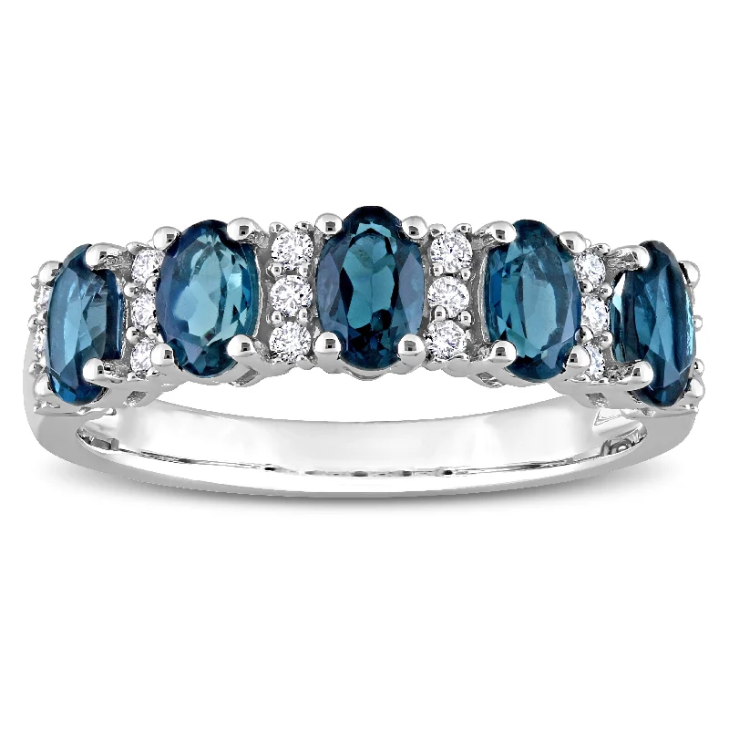 Women’s pearl-studded ring-Miadora London Blue Topaz and 1/6ct TDW Diamond Semi-Eternity Ring in 14k White Gold