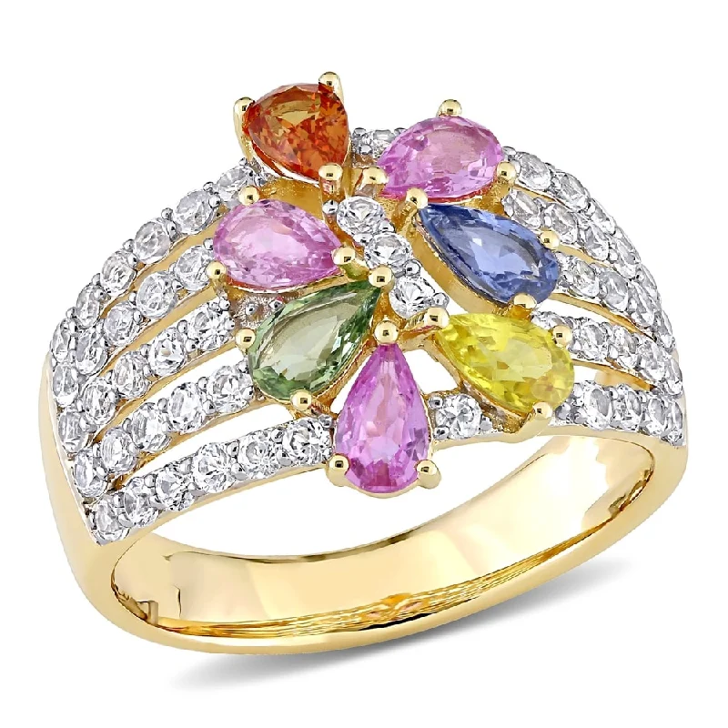 Women’s silver engagement ring-Miadora 14k Yellow Gold Pear-Cut Multi-Color Sapphire Cluster Statement Ring