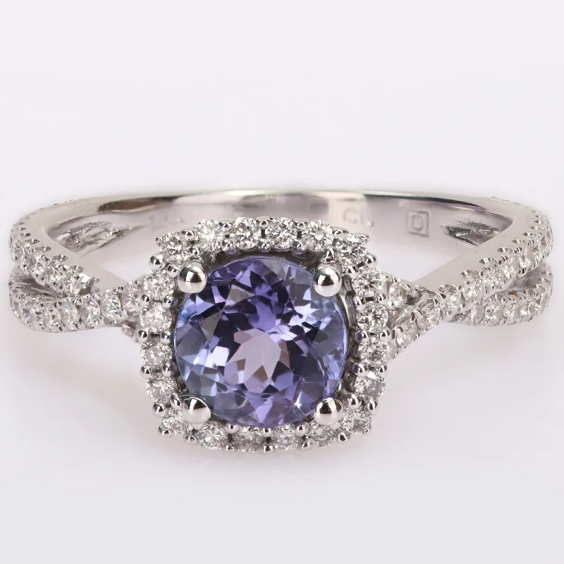 Women’s leaf design ring-Miadora 1 1/8ct TGW Tanzanite and 1/2ct TDW Diamond Halo split shank Ring in 14k White Gold