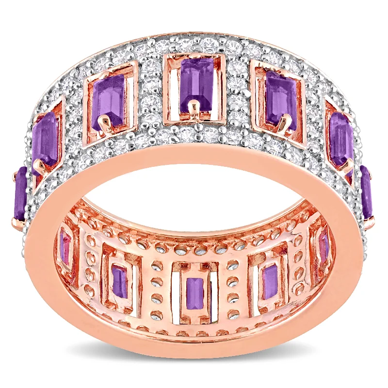 Women’s promise ring-Miadora African Amethyst and White Topaz Eternity Ring in Rose Plated Sterling Silver