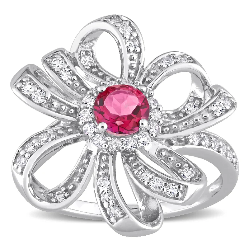 Women’s intricate ring-Miadora Pink and White Topaz Floral Cluster Ring in Sterling Silver