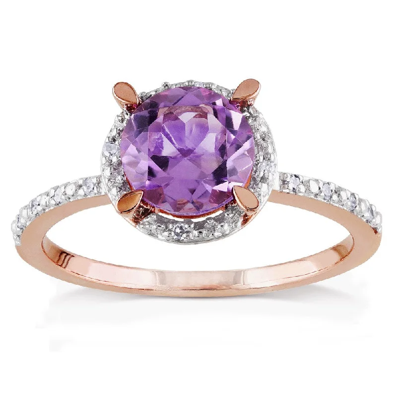 Women’s three-stone ring-Miadora 10k Rose Gold 1 1/3ct TGW Amethyst and Diamond Accent Ring (H-I, I2-I3)