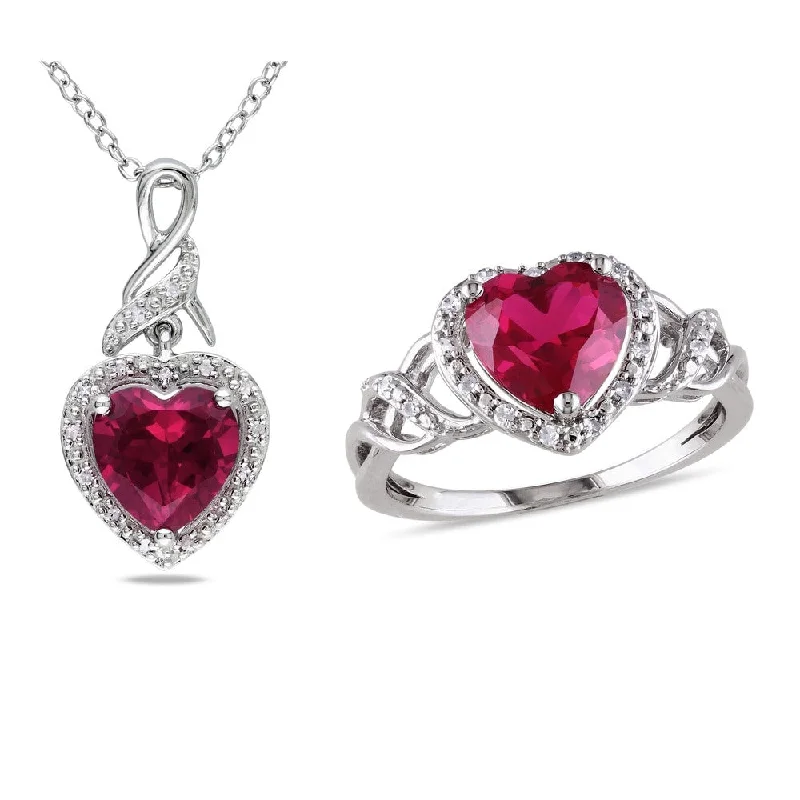 Women’s romantic necklace-Miadora Sterling Silver Heart-cut Created Ruby and 1/7ct TDW Diamond Ring and Necklace Set (G-H, I2-