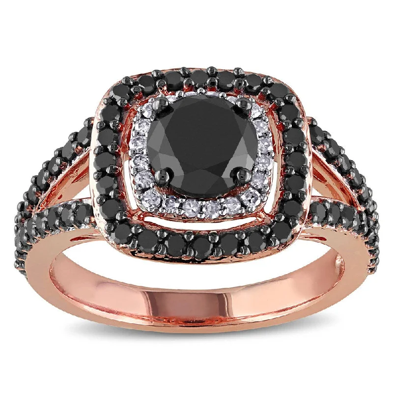 Women’s engraved ring-Miadora 14k Rose Gold 2ct TDW Black and White Diamond Double Halo Ring