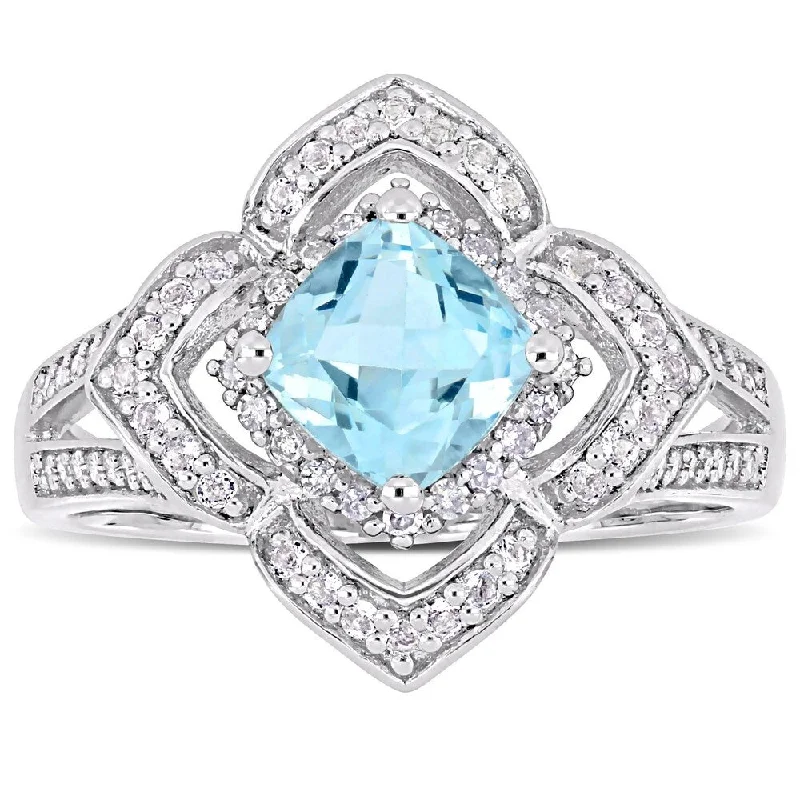 Women’s birthstone ring-Miadora Sterling Silver Blue Topaz White Topaz & 1/5ct TDW Diamond Floral Halo Ring