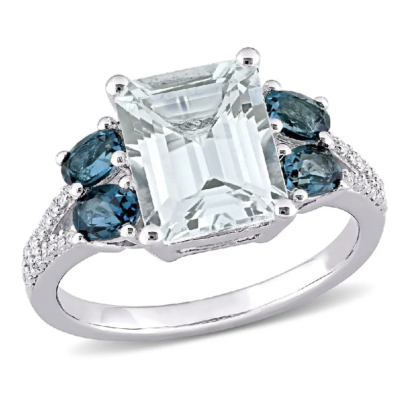 Women’s engraved ring-Miadora Sterling Silver Aquamarine London Blue Topaz and 1/10ct TDW Diamond 5-Stone Ring