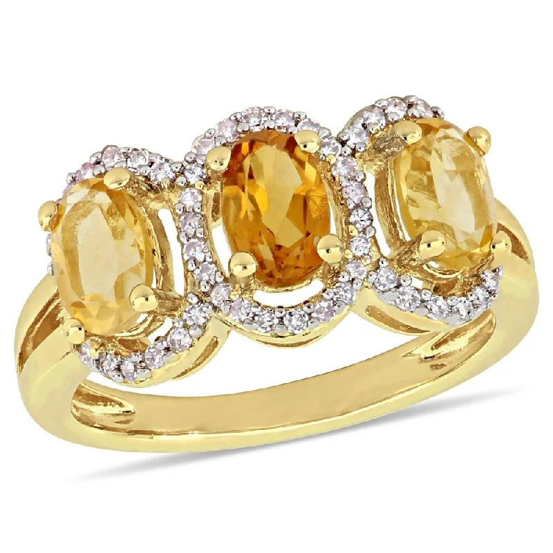 Women’s minimalist engagement ring-Miadora Yellow Plated Sterling Silver Citrine Madeira Citrine with 1/5ct TDW Diamond 3-Stone Halo Ring